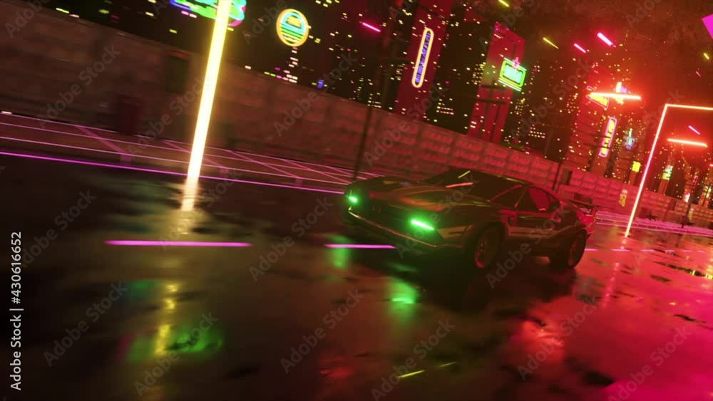 Car and city in neon cyberpunk style. 80s retrowave background 3d ...