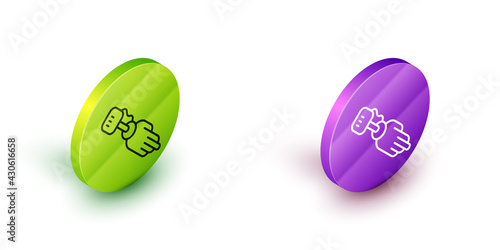 Isometric line Prosthesis hand icon isolated on white background. Futuristic concept of bionic arm, robotic mechanical hand. Green and purple circle buttons. Vector