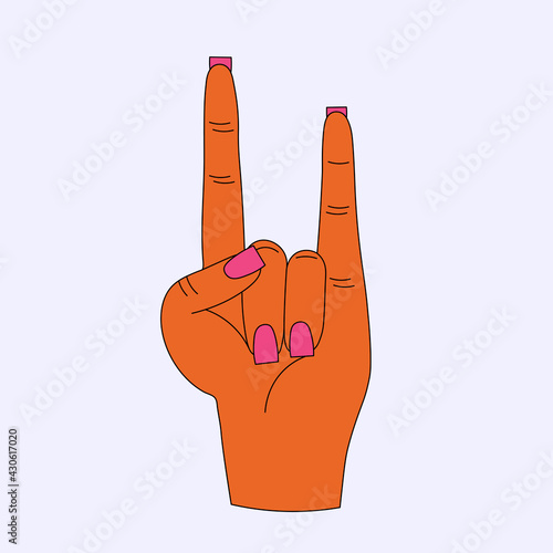 palm in rock music gesture. heavy metal 60s and 70s.Hippie ethnic hand sticker.Punk manicure.Funky and Groove Music Festival.Isolated poster element. Female fingers.cocky gesture of the guitarist