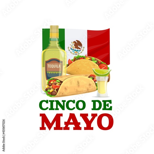 Cinco de Mayo holiday food, vector burrito, tequila with lime and glass shot and tacos near national flag. Traditional cartoon mexican meals and alcohol drink for festive celebration isolated on white