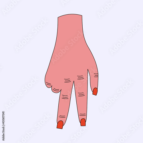 hand with manicure.Tattoo template.Summer sticker.Girl power summer time.Postcard hand.cocky gesture.isolated palm