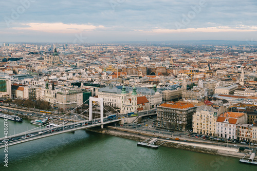 Aerial view of beautiful buildings and Elisabeth Bridge in Budapest