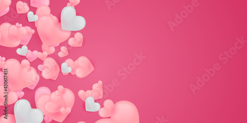 Valentines hearts with gift box postcard. Paper flying elements on pink background. Vector symbols of love in shape of heart for Happy Women's, Mother's, Valentine's Day, birthday greeting card design