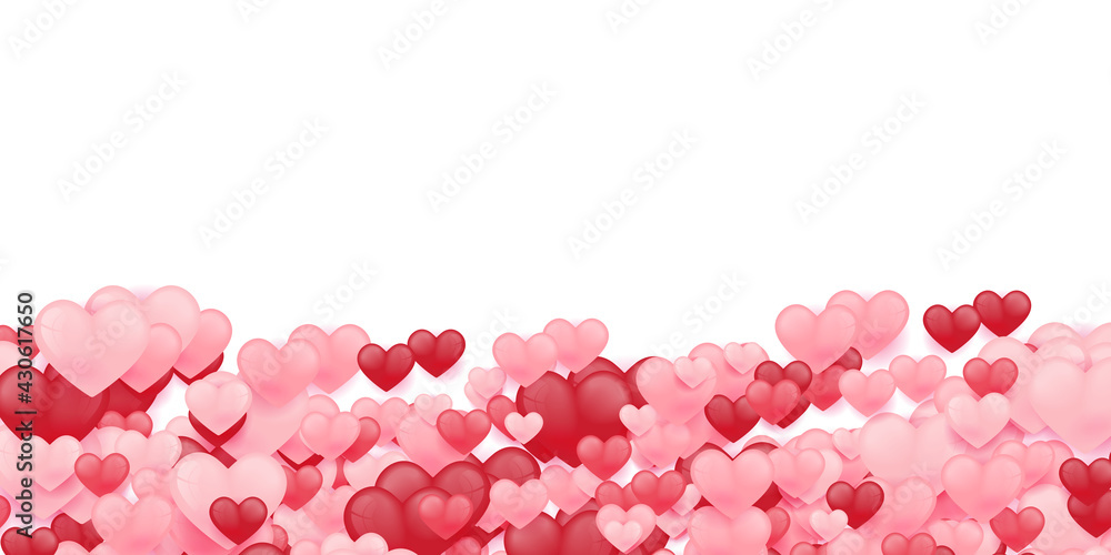 Love valentine's background with pink falling hearts over white. Love universal background. Suit for mom day, mother day, valentine, Christmas, gift, and romance