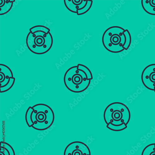 Blue line Car brake disk with caliper icon isolated seamless pattern on green background. Vector
