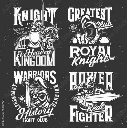 Knight in helmet, warrior with shield armor and sword, vector Medieval Spartan on horse. Fight club badge emblem of crusader fighter, Gladiator soldiers and royal kingdom icons or t-shirt prints