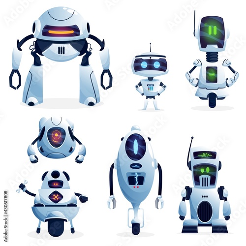Cartoon robots, vector cyborg characters, toys or bots, artificial intelligence technology. Friendly robots with long arms or tentacles and digital glow faces, cute electronic bots isolated icons set