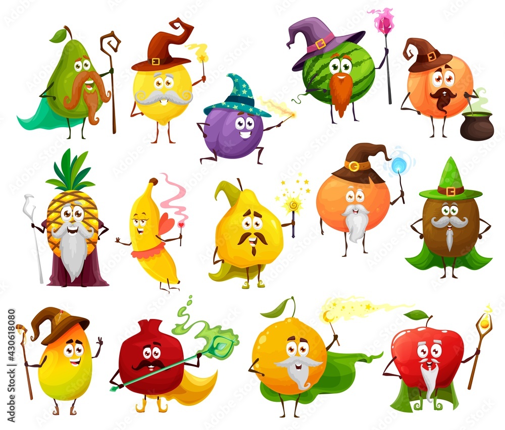 Naklejka premium Fruit magician, witch, wizard and fairy cartoon characters with vector magic wands, staff, hats and potion cauldron. Funny apple, mango, orange and pineapple, banana, plum, peach, lemon and avocado