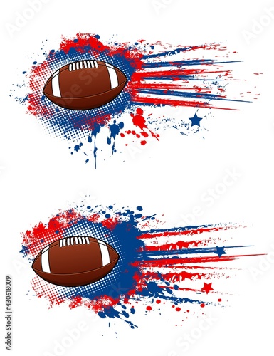 Rugby football banner, rugby ball splash stars vector flag for sport championship or tournament. American football rugby league or team game banner with red blue halftone hit splash, championship flag