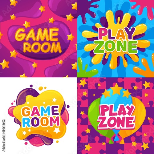 Kids club, game room and play zone cartoon vector design. Child education, fun and entertainment activities, toy party and playground invitation flyers with colorful paint splatters, balloons, stars