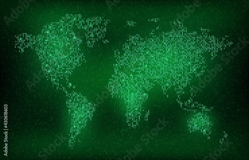 Digital binary code world map vector future technology design. Cyber background with glowing globe map of 0 and 1 numbers pattern, green neon data stream in shape of Earth surface, continents, oceans