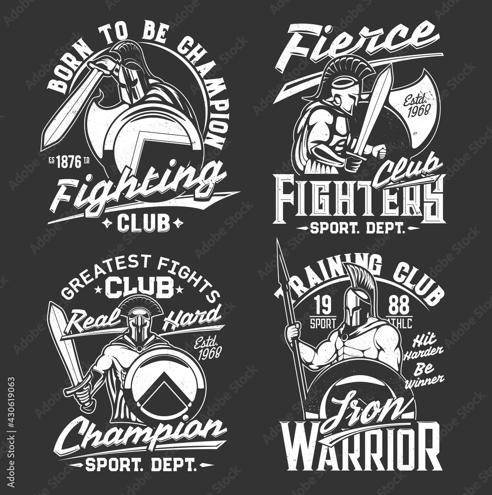 Obraz premium Gladiator knight warrior with sword and shield, t-shirt print sport team emblem, vector mockup. Heraldic medieval knight guardian in iron armor and helmet, victory fighting quotes for t-shirt print