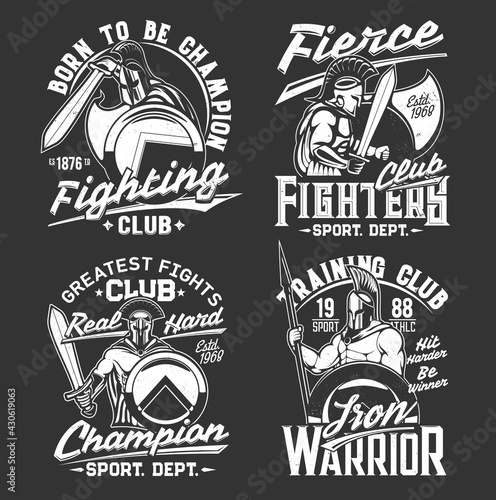 Gladiator knight warrior with sword and shield, t-shirt print sport team emblem, vector mockup. Heraldic medieval knight guardian in iron armor and helmet, victory fighting quotes for t-shirt print