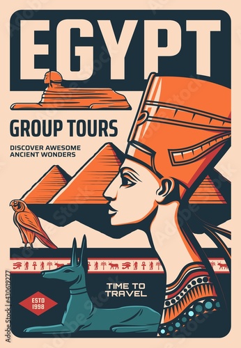 Egypt group tours retro vector poster, ancient egyptian culture discover vintage card with Nefertiti queen, Egyptian god of death Anubis, Horus and sphinx with pyramids. Travel, history and religion