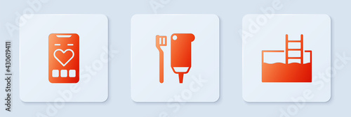 Set Toothbrush and toothpaste, Mobile with heart rate and Swimming pool ladder. White square button. Vector