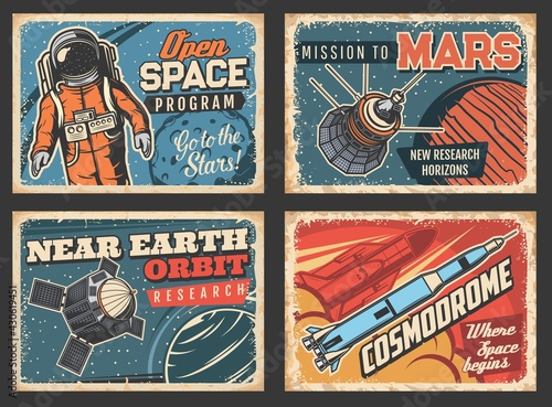 Outer space program and near Earth orbital research vector retro posters. Astronaut, satellites and space ship in universe. Galaxy, deep space exploration, cosmic mission, vintage grunge cards set