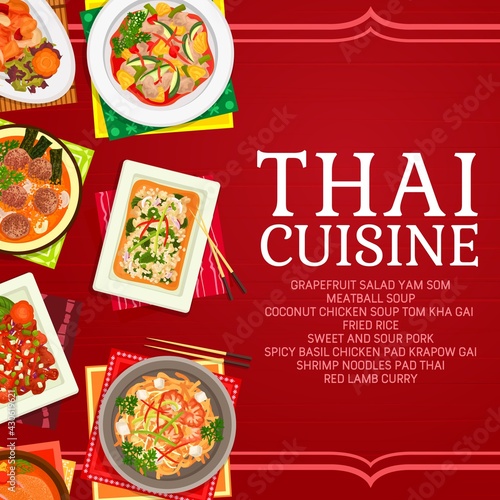 Thai cuisine restaurant dishes poster. Lamb curry, shrimp noodles pad thai and fried rice, grapefruit salad yam som, sweet and sour pork, spicy basil chicken pad kparow gai and meatball soup vector