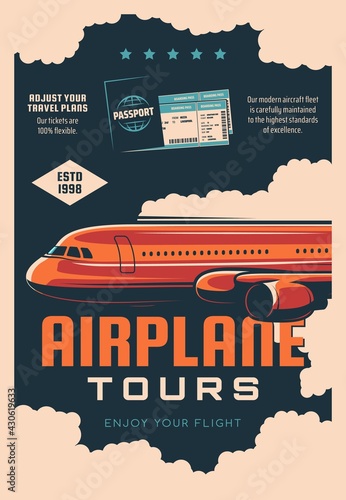 Airplane tours, airline travel service retro banner. Air journey plans, passenger transportation poster. Modern airliner jet plane flying in clouds, passport and flight tickets vector