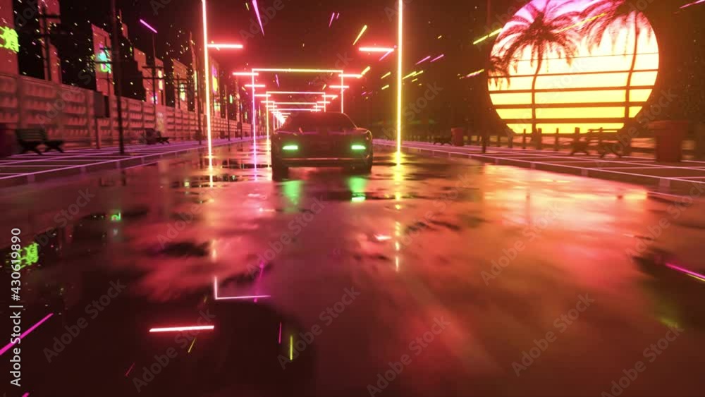 Car and city in neon cyberpunk style. 80s retrowave background 3d ...
