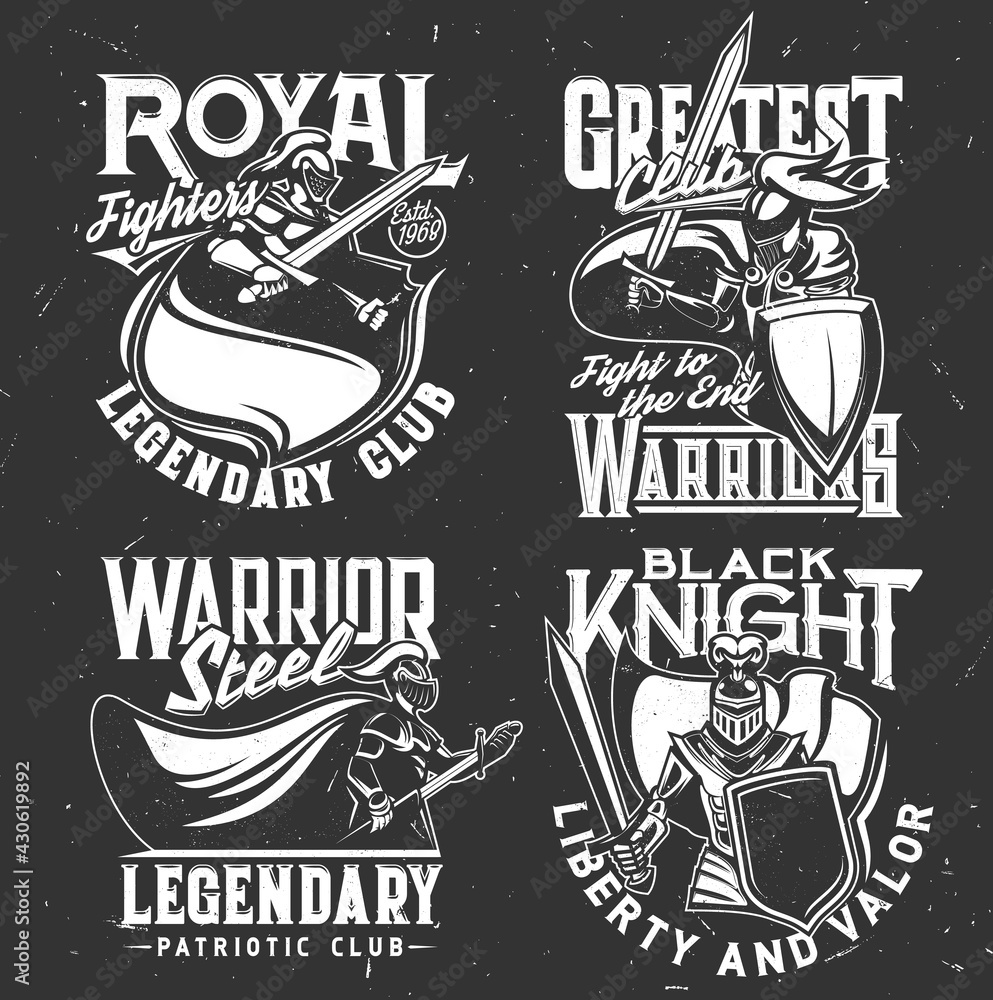 Warrior knight in armor t-shirt print royal club of fighters, vector heraldic icon. Medieval knight warrior with shield and sword, legendary patriotic club emblem for t shirt print mockup - obrazy, fototapety, plakaty 