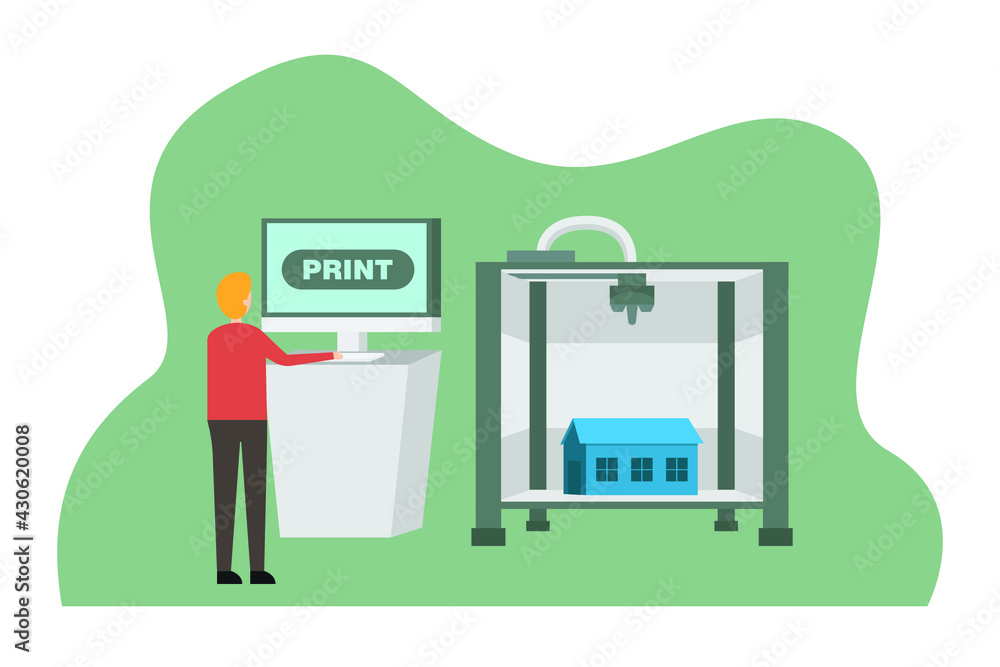 3D digital printing vector concept: Male employee working with 3D digital printing while using computer 3D digital printing vector concept: Male employee working with 3D digital printing while using computer