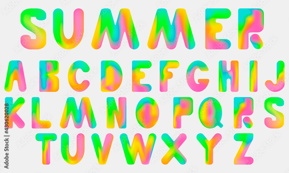 Latin alphabet with mesh gradient fill. A set of rainbow-colored capital letters. Vector illustration for the design of posters, covers, cards, banners, etc. Latin alphabet with mesh gradient fill. A set of rainbow-colored capital letters. Vector illustration for the design of posters, covers, cards, banners, etc.