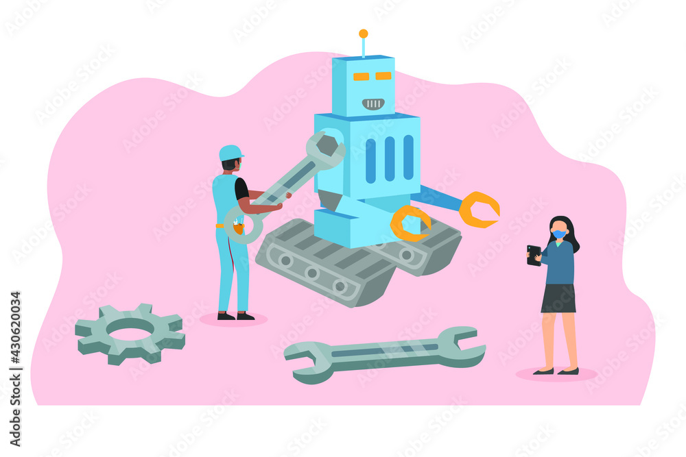 3D digital printing vector concept: Male employee working with 3D digital printing while using computer 3D digital printing vector concept: Male employee working with 3D digital printing while using computer
