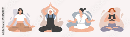 Meditating women set. Collection of beautiful peaceful women practicing meditation, doing yoga, sitting in lotus pose. Relaxation, tranquility, balance concept. Isolated flat vector illustration