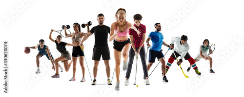 Collage of different professional sportsmen  fit people in action and motion isolated on white background. Flyer.