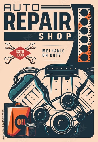 Car repair shop retro poster, auto maintenance service garage station, spare parts store vector banner. Vehicle internal combustion engine block gasket, oil metal can and air filter, crossed wrenches