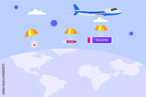 Vaccine distribution vector concept. Airplane distributing vaccine around the world