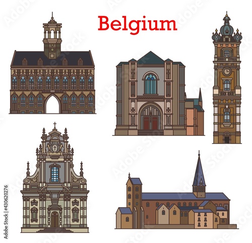 Belgium cathedrals, architecture landmarks and churches of Mons, Binche and Louvain city, vector. Belgium architecture Belfry tower, Sint Michielskerk or St Michael church and Town hall Stadhuis