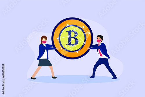 Cryptocurrency vector concept. Businesswoman and businessman competing to take bitcoin