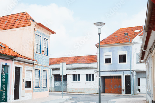 View on the typical beautiful old facades buildings  in Aveiro city in Portugal