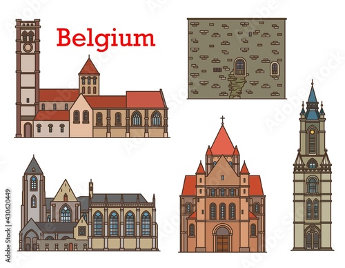 Slika na platnu Belgium architecture and travel landmarks, vector buildings cathedrals and churches of Leuven, Tournai and Courtray city
