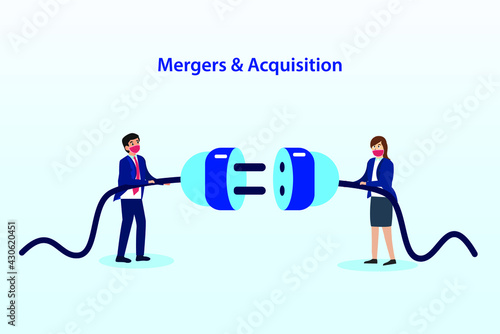 Merger and Acquisition vector concept. Businessman and businesswoman connecting a plug to merger their company