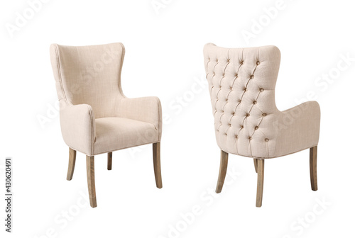 Back and front view of beige wingback tufted armchair on white background