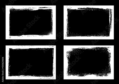 Grunge frames and borders, black and white halftone vector background. Grunge frame with rough texture edges, brush paint strokes and scratches, white dirt, splatter and chalk splash pattern