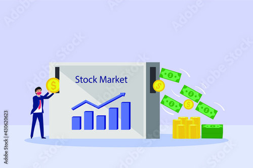 Stock market vector concept. Businessman investing money on stock market and getting return