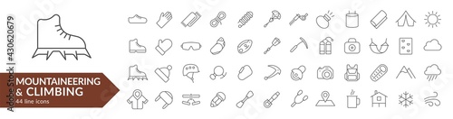 Mountaineering & climbing line icon set. Isolated signs on white background. Vector illustration