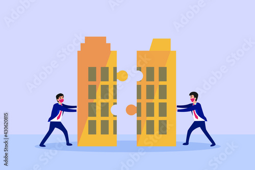 Merger and Acquisition vector concept. Businessmen merging their office buildings photo
