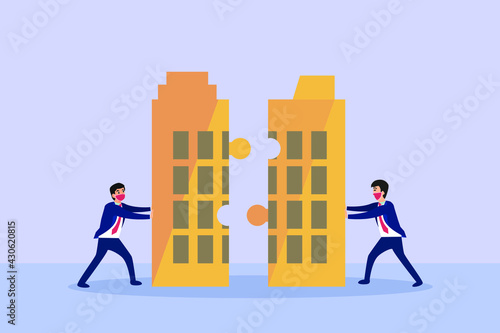 Merger and Acquisition vector concept. Businessmen merging their office buildings