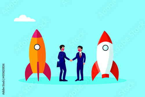 Merger and Acquisition vector concept. Businessmen shaking hands together with startup rocket background