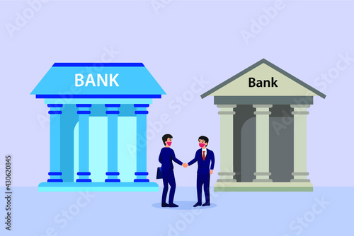 Merger and Acquisition vector concept. Two businessman handshaking together with bank office background