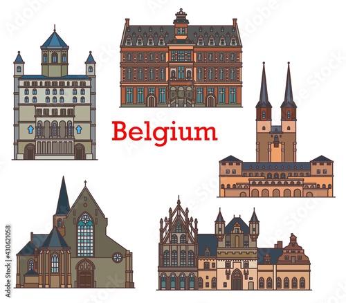 Belgium landmarks, architecture buildings, vector Belgian travel sightseeing. Church of St Gertrude in Nivelles and St John in Mechelen, Town hall Stadhuis in Mechlin and Hal cities, Belgium tourism #430621058
