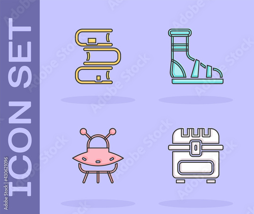 Set Antique treasure chest, Book, UFO flying spaceship and Slippers with socks icon. Vector