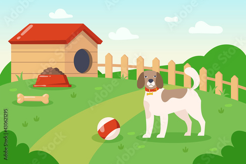 Fototapeta Naklejka Na Ścianę i Meble -  Dog playing with ball outside near dog house illustration. Cartoon domestic animal with collar on hill, dog food in bowl and bone on grass, clouds on sky. Pets, domestic animals concept