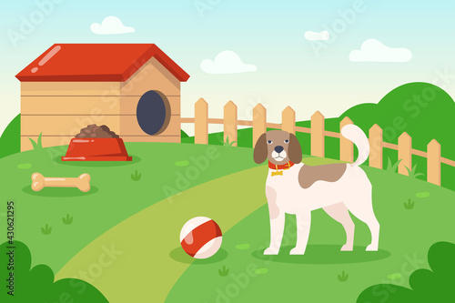 Dog playing with ball outside near dog house illustration. Cartoon domestic animal with collar on hill, dog food in bowl and bone on grass, clouds on sky. Pets, domestic animals concept