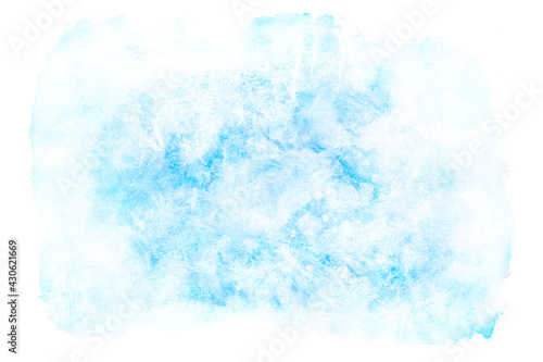 Winter watercolor background. Abstract blue spot with snowy edges.