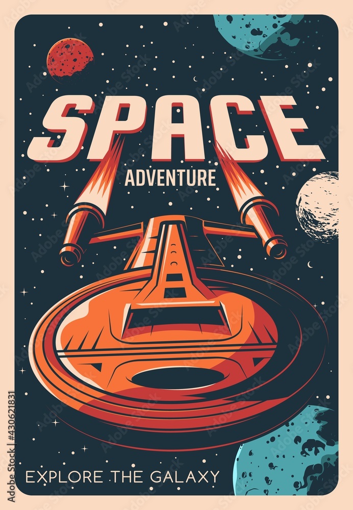 Space adventure, spaceship astronaut and planets in galaxy sky, vector  retro poster. Space exploration, spaceman in spacesuit and spacecraft on  orbita Stock Vector Image & Art - Alamy
